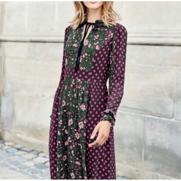 Boden Dresses & Skirts - Boden Midi Dress Women 6R Green Pink Floral Polka Dot Mixed Print Boho Romantic